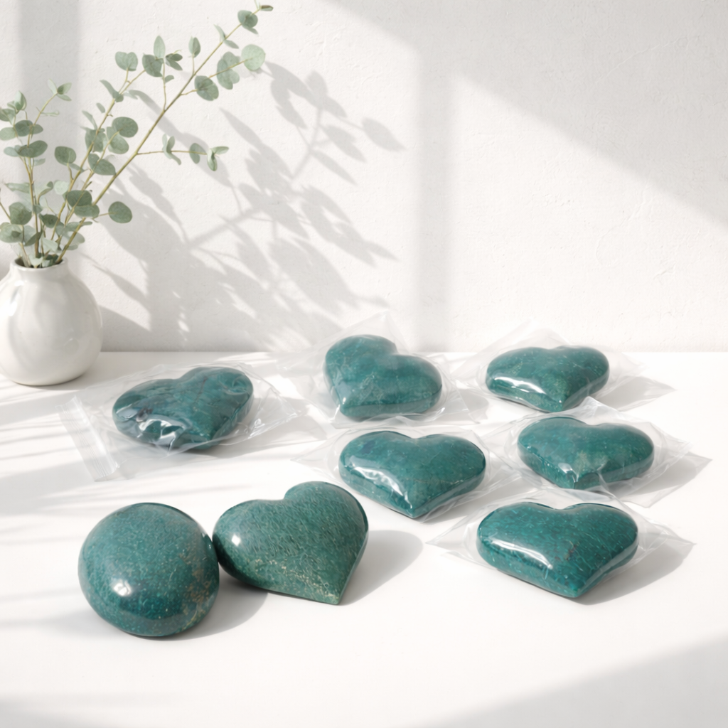 hjerter og palmstones af grøn Amazonite. Den turkis-blågrønne farve
