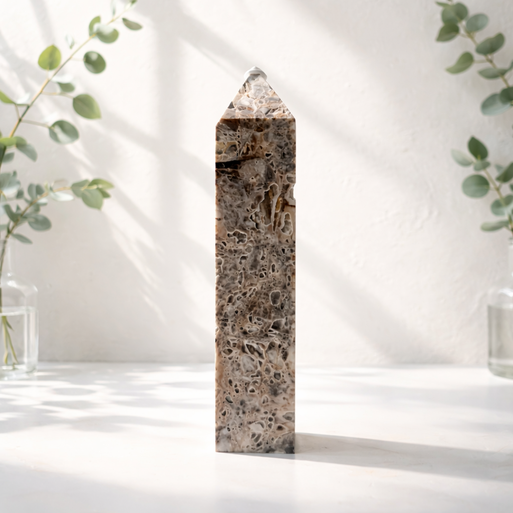Flower Agate / Cherry Blossom Agate tower med druzy-hulrum ✨
