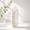 hvid/mælket bjergkrystal tower (milky quartz) med lidt naturlige inklusioner