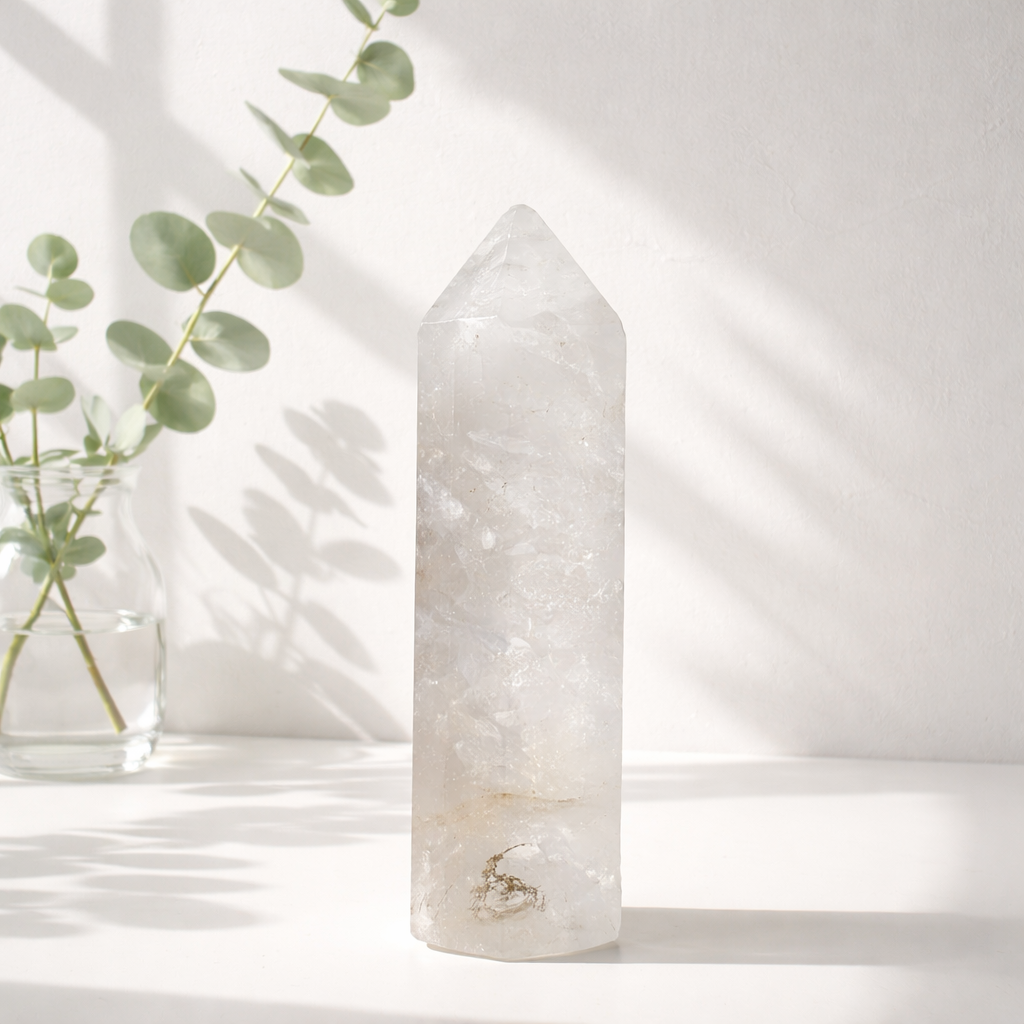 hvid/mælket bjergkrystal tower (milky quartz) med lidt naturlige inklusioner