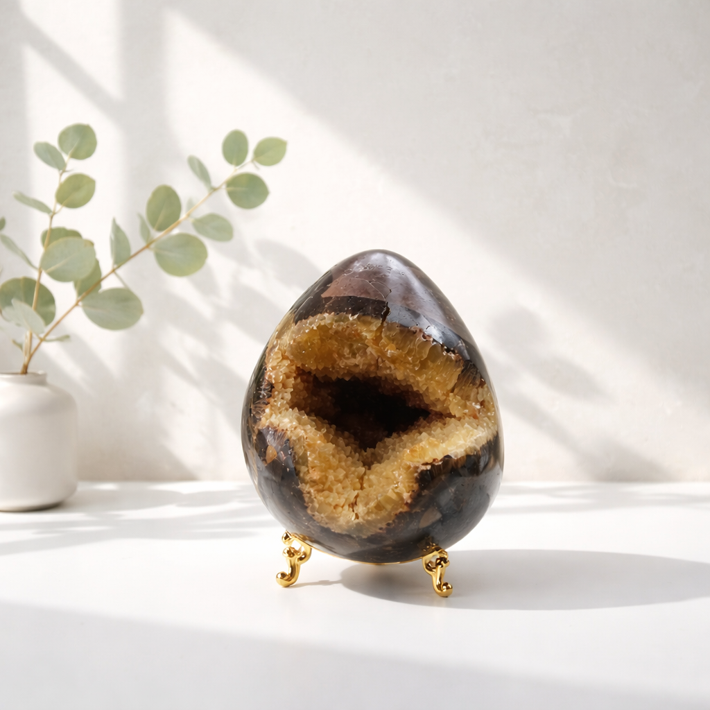 Septarian Dragon Egg / septarian geode med calcitkrystaller indeni.