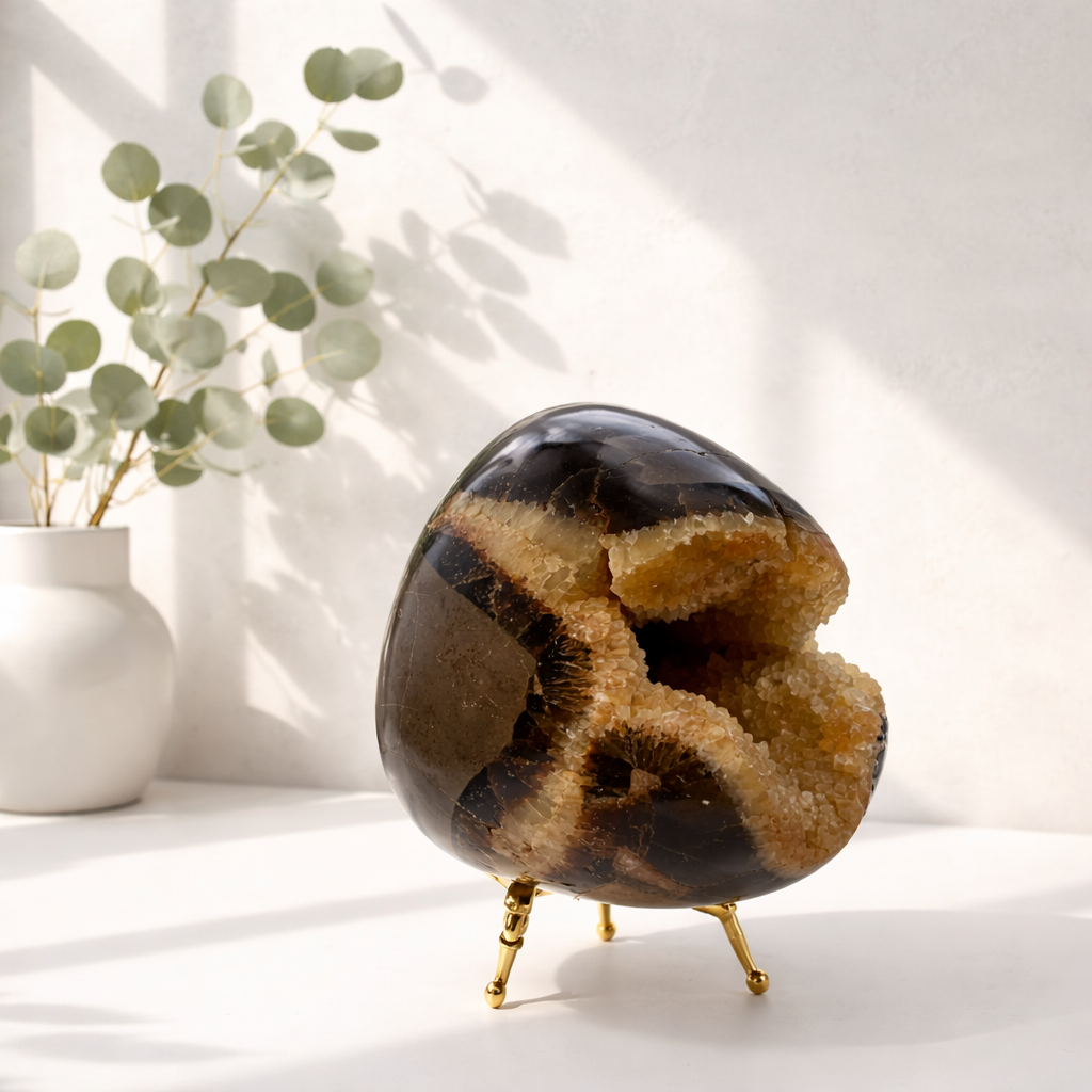 Septarian Dragon Egg / septarian geode med calcitkrystaller indeni.