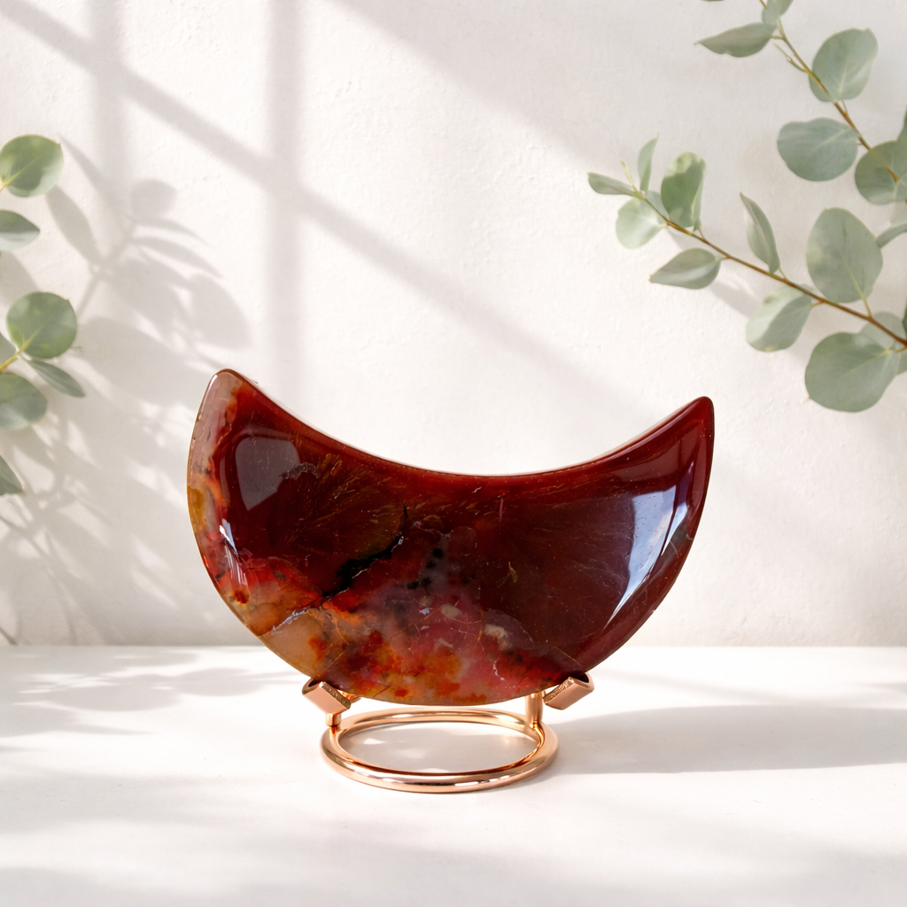 Carnelian Moon — muligvis carnelian (karneol) med agat/chalcedon mønstre.