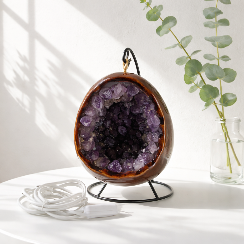 Ametyst geode-lampe med USB-lys i